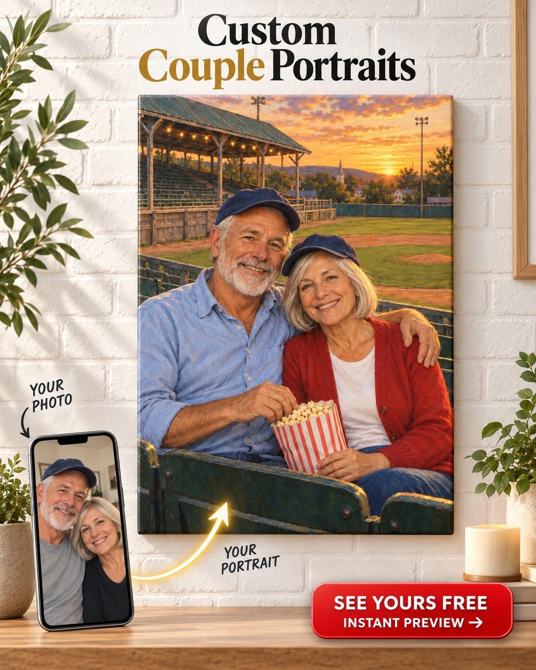 Ballpark Sweethearts Custom Portrait from Photo | Personalized Baseball Portrait Gift