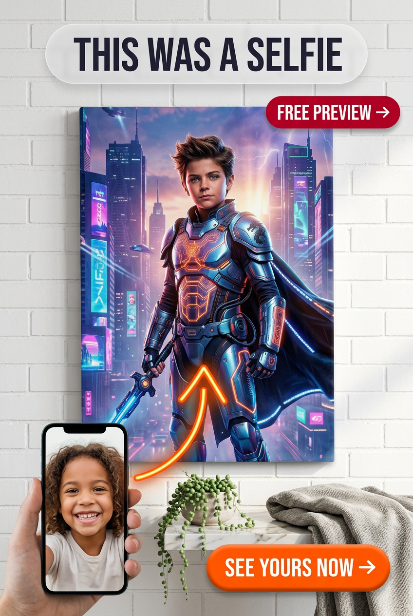 Custom Superhero Single-Man Portrait — Heroic Sci-Fi Canvas