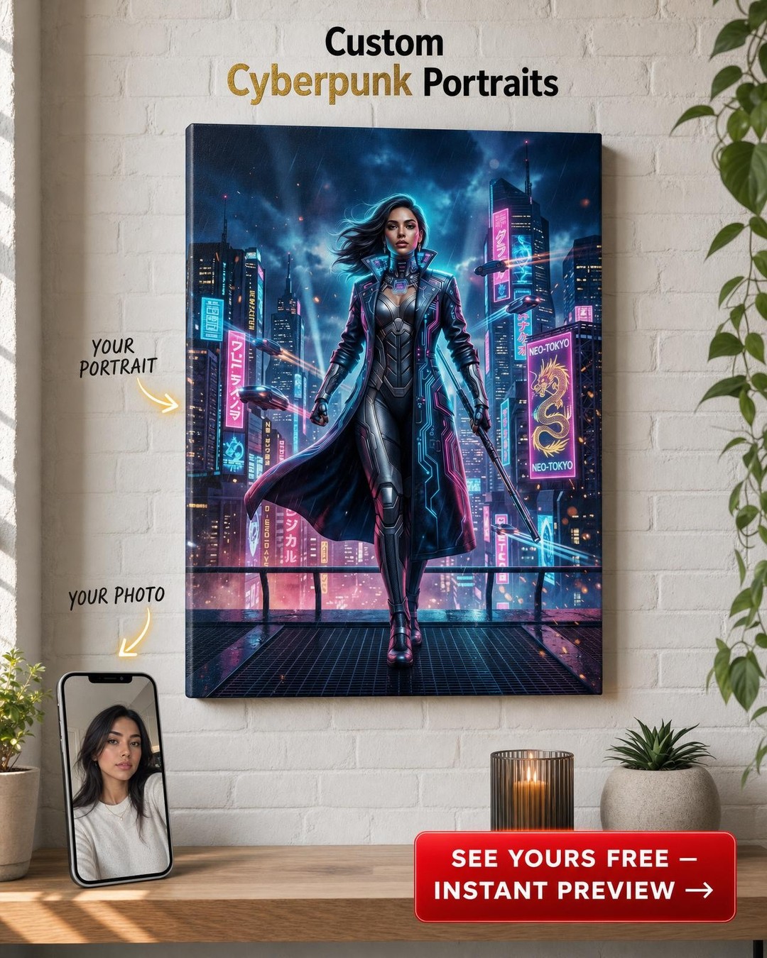 Custom Cyberpunk Single Man Portrait — Heroic Neon Warrior Canvas