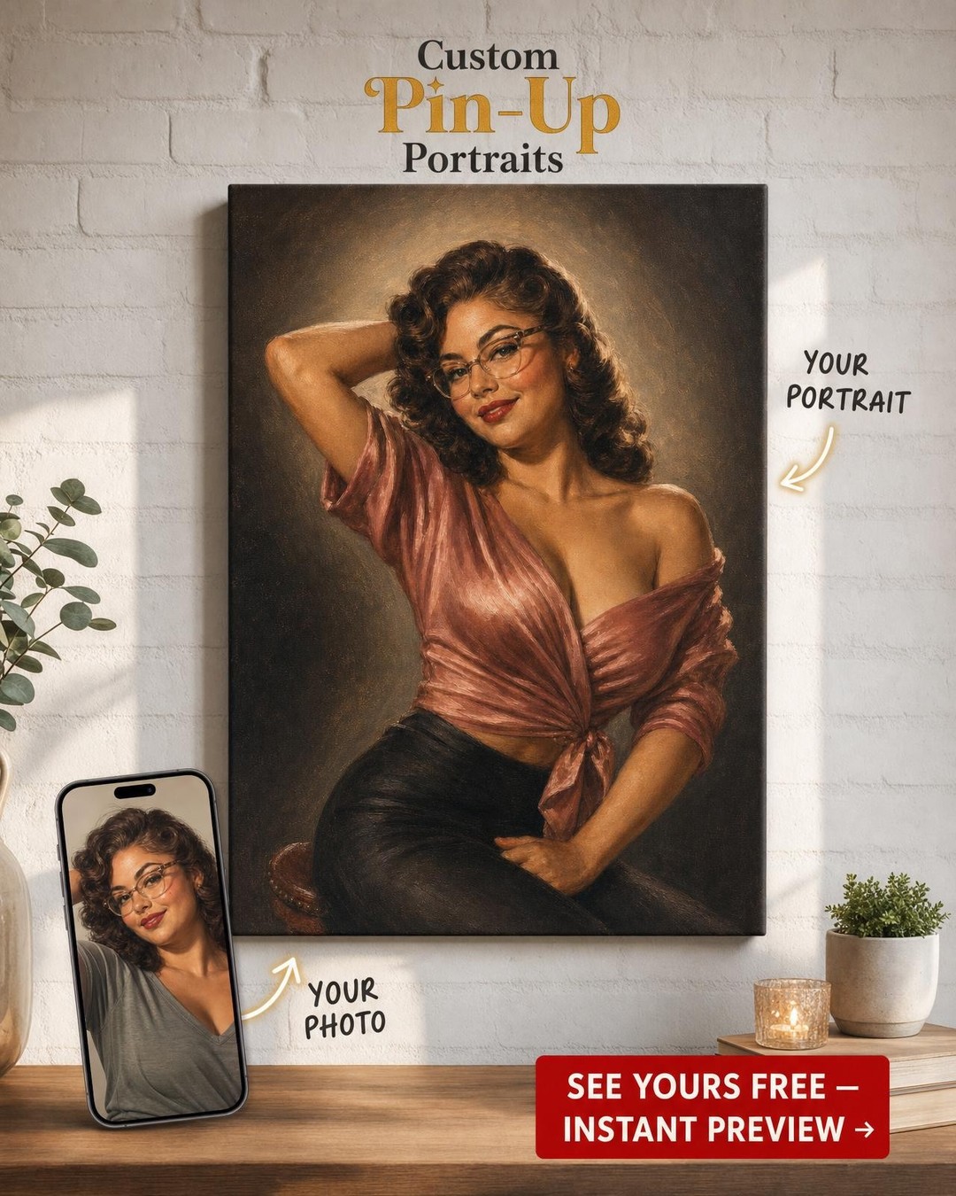 Custom 1940s Pin-Up Hollywood Glamour Portrait — AI-regenerated portrait, fresh 