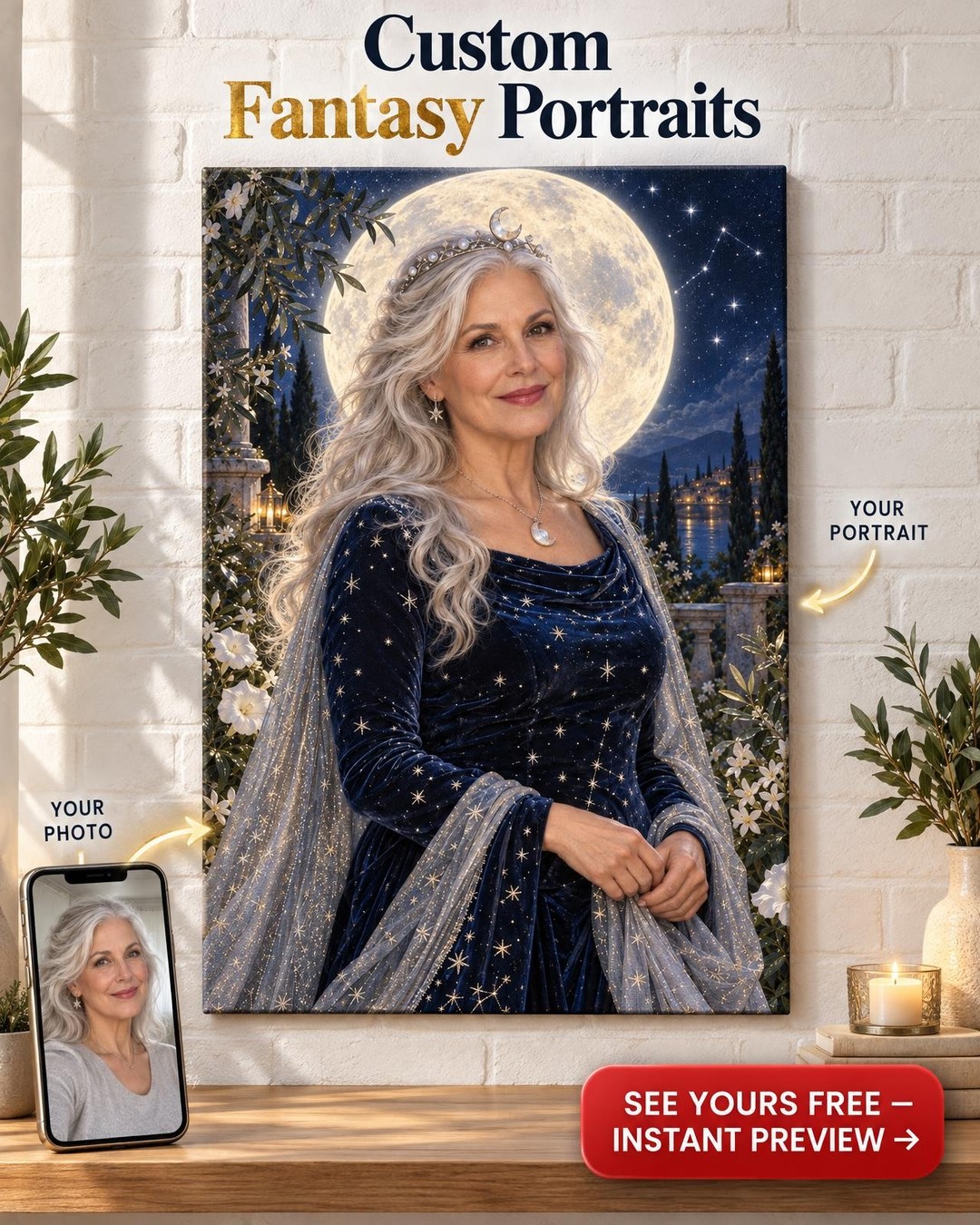 Silver Moon Queen Custom Portrait from Photo | Personalized Silver Glamour Gift