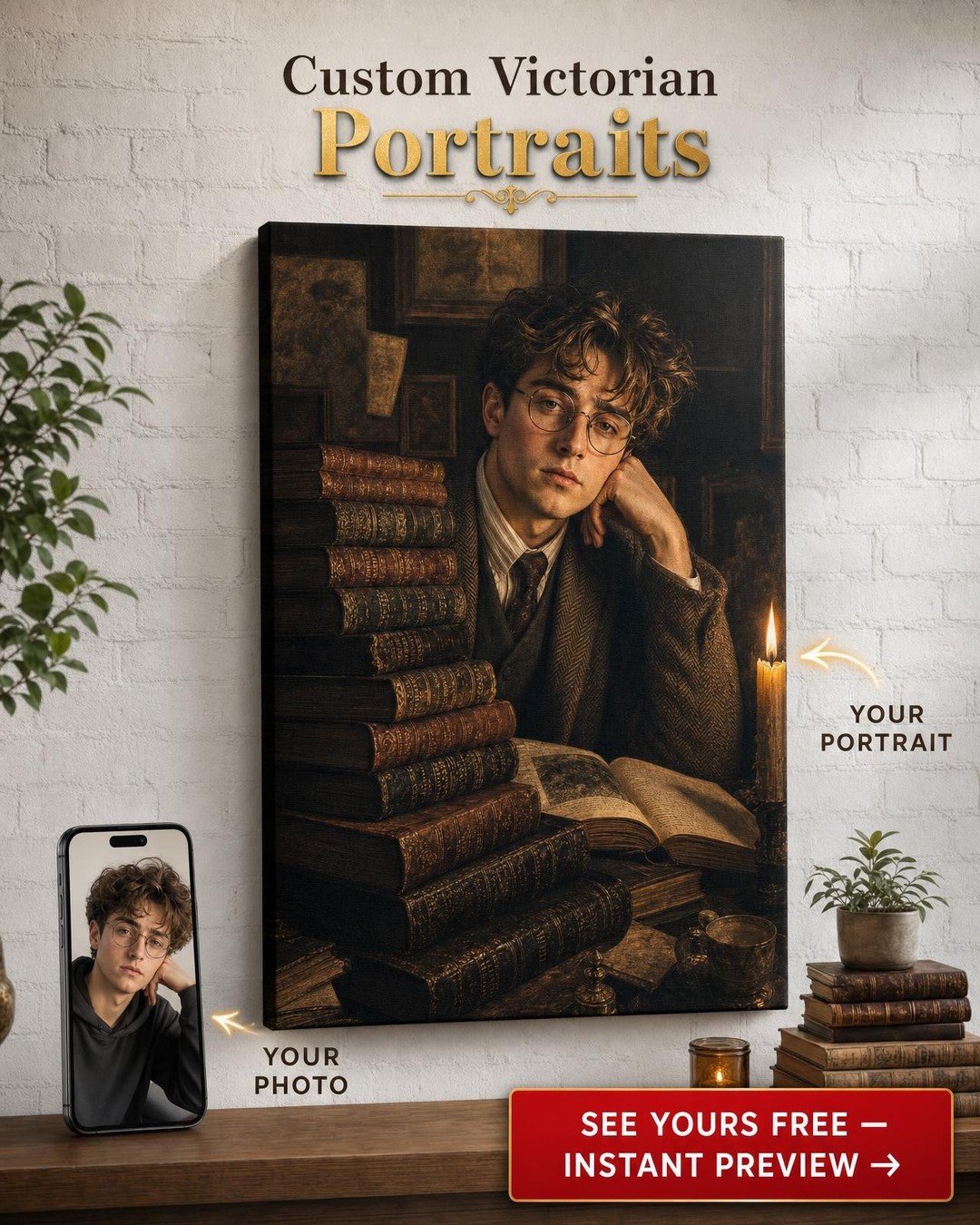 Book Pile Dark Academia Custom Portrait from Photo | Personalized Canvas Gift
