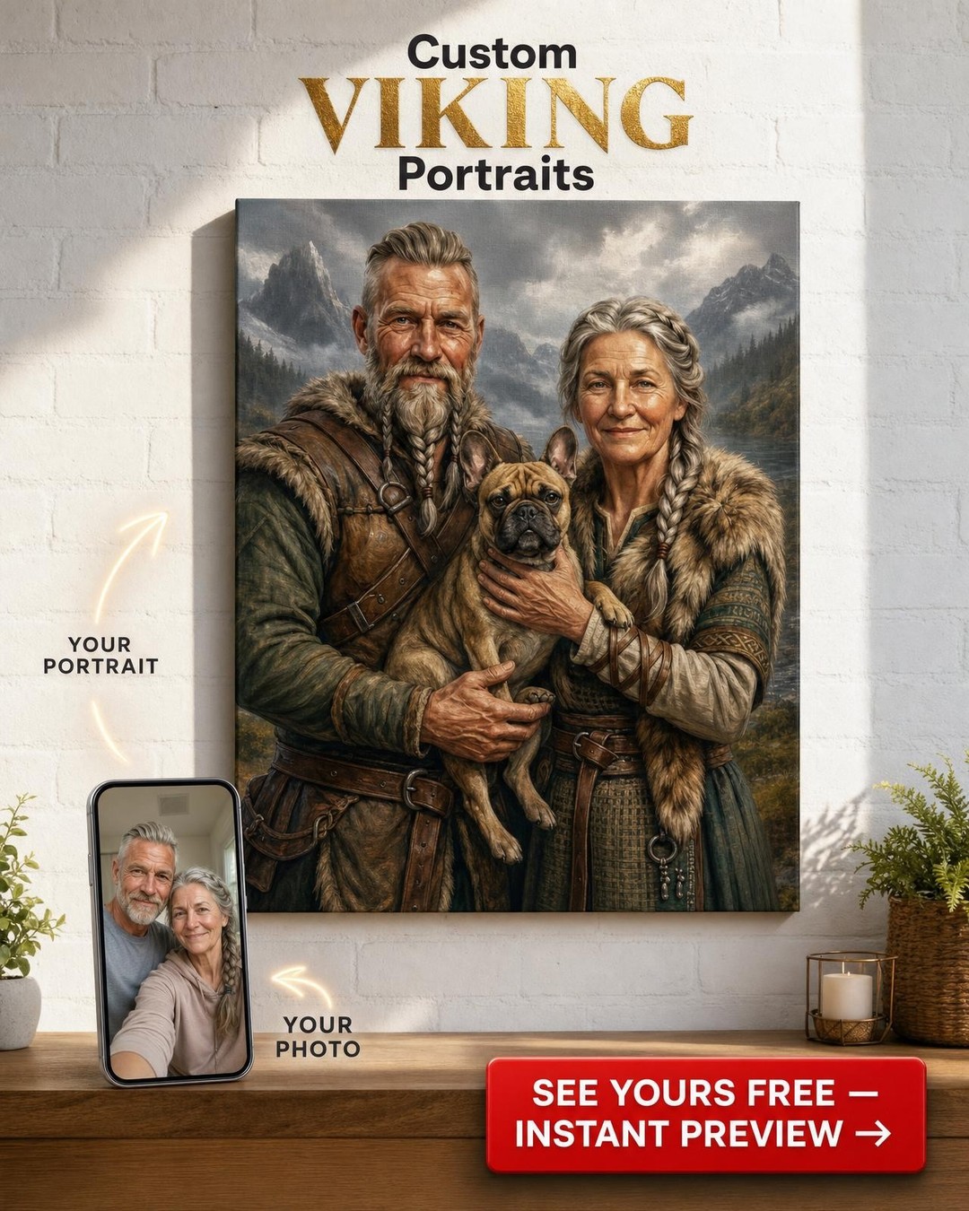 Custom Viking Couple Portrait — Regal Beard & Mountain Canvas