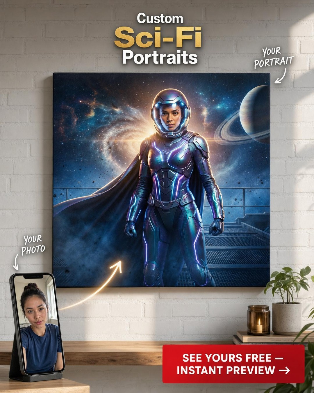 Custom Sci-Fi Man Portrait — Heroic Space Suit Canvas