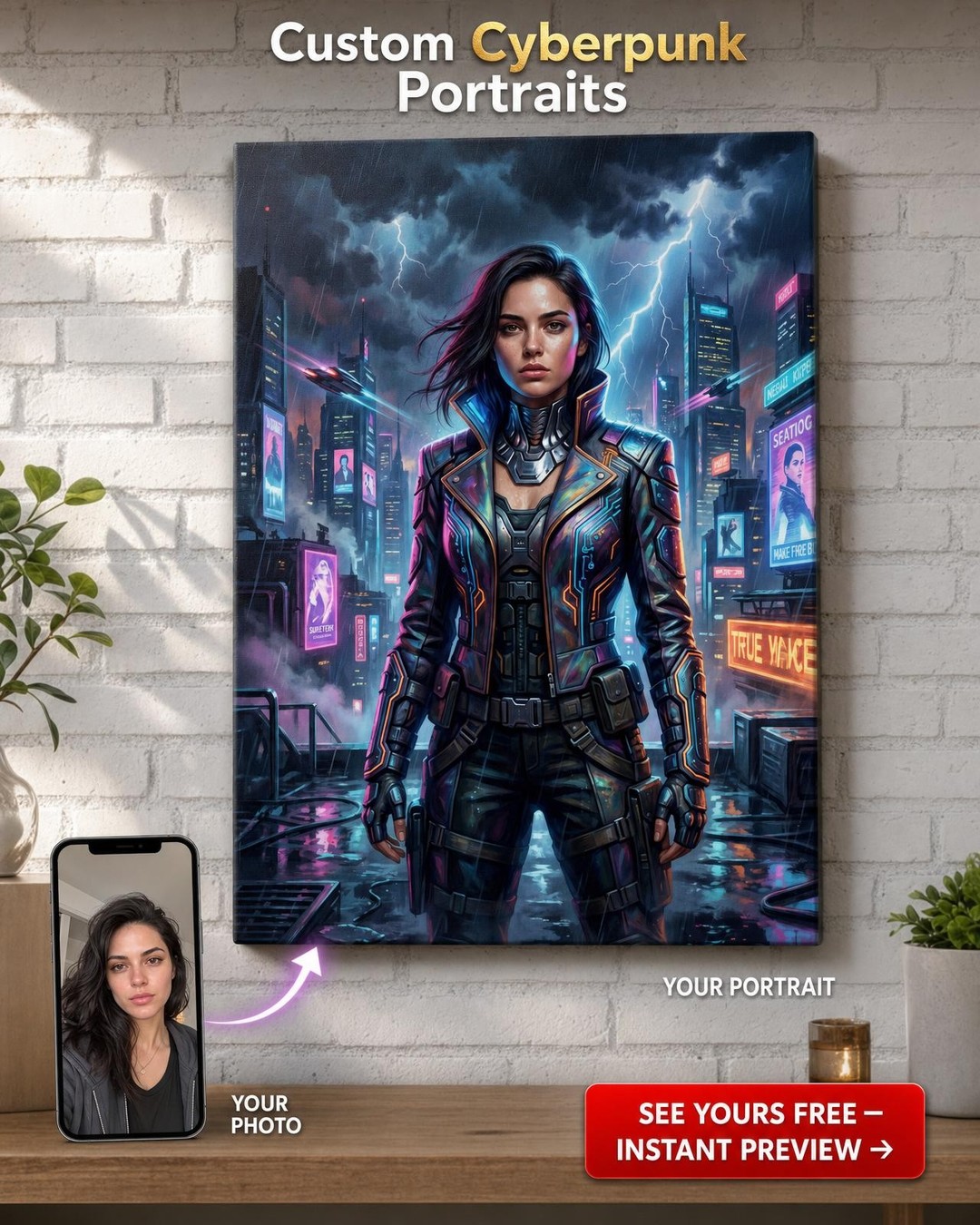Custom Cyberpunk Single Man Portrait — Heroic Neon Canvas