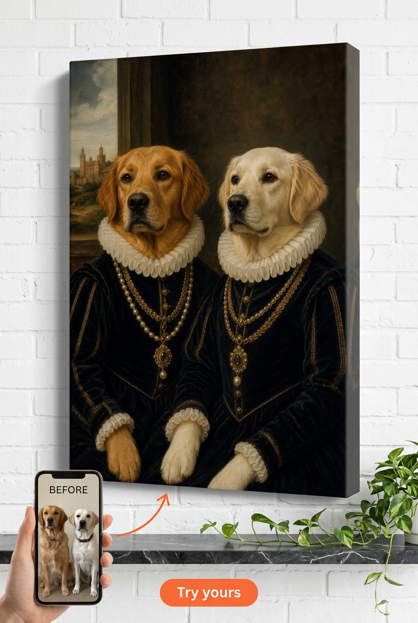 Custom Renaissance Dog Portrait — Whimsical Pet Canvas from Photo