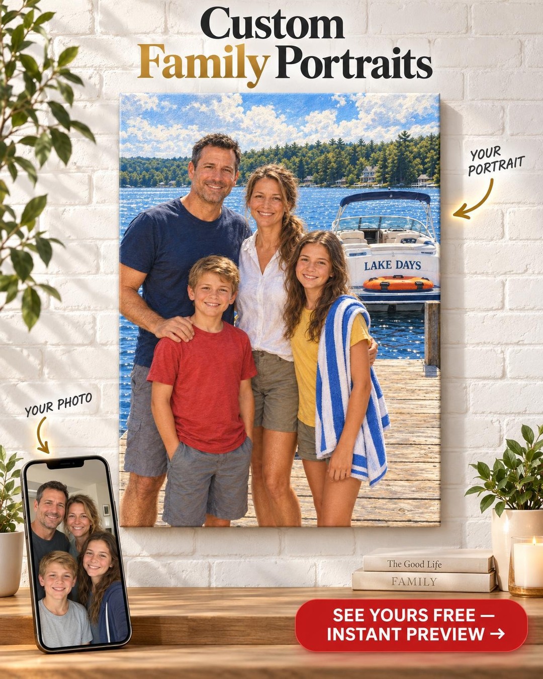Lake Family Portrait on Dock Custom Portrait from Photo | Personalized Lake Life Gift