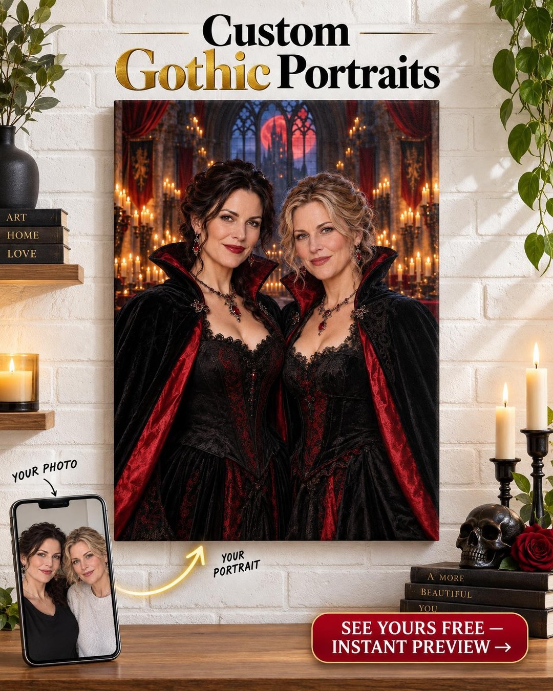 Vampire Castle Custom Portrait from Photo | Personalized Gift for Two Women