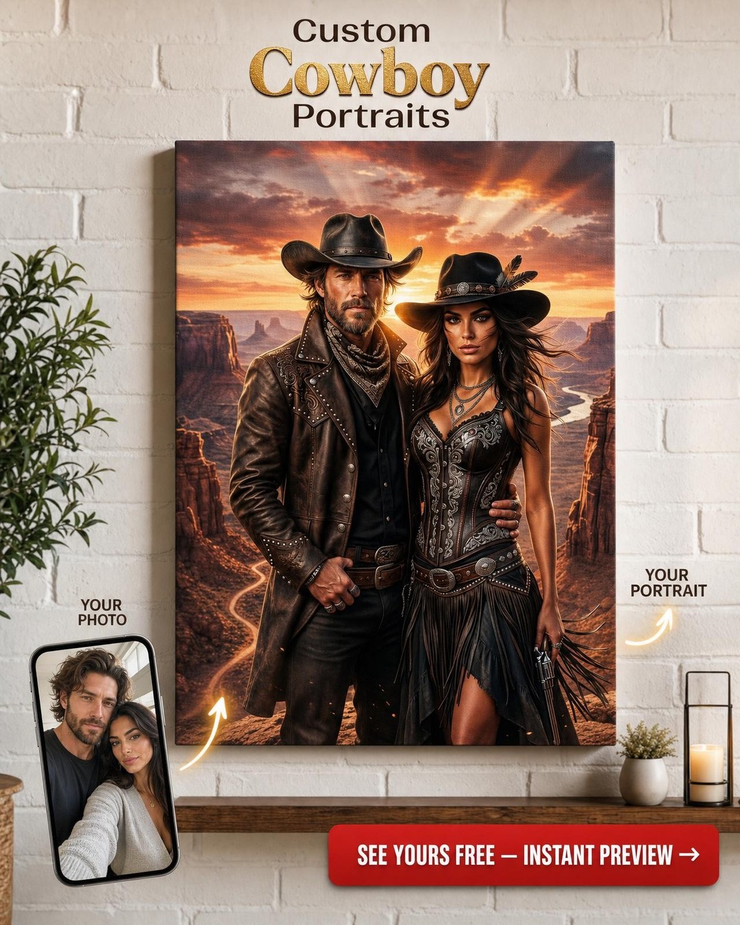 Custom Cowboy Couple Portrait — Heroic Western Canvas