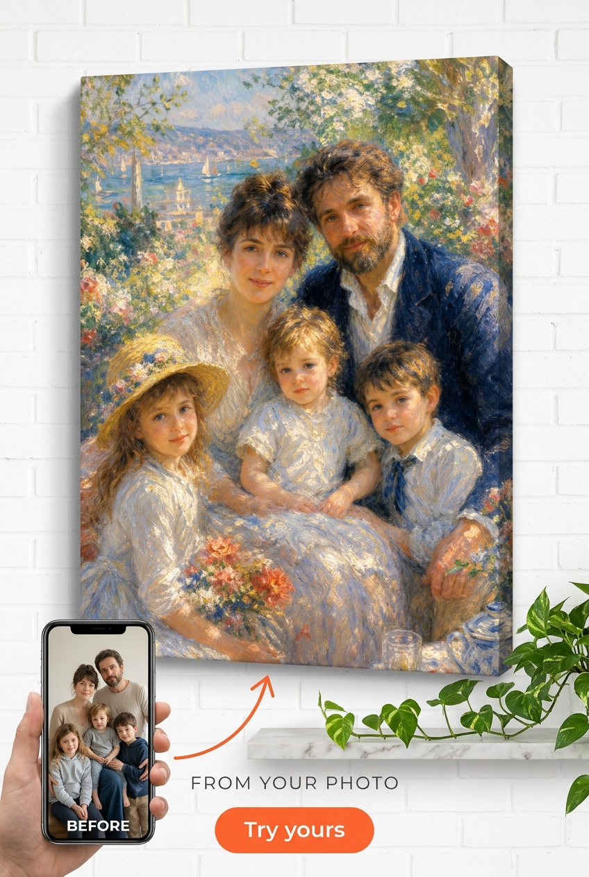 Custom Impressionist Family Portrait — Serene Floral Canvas from Photo