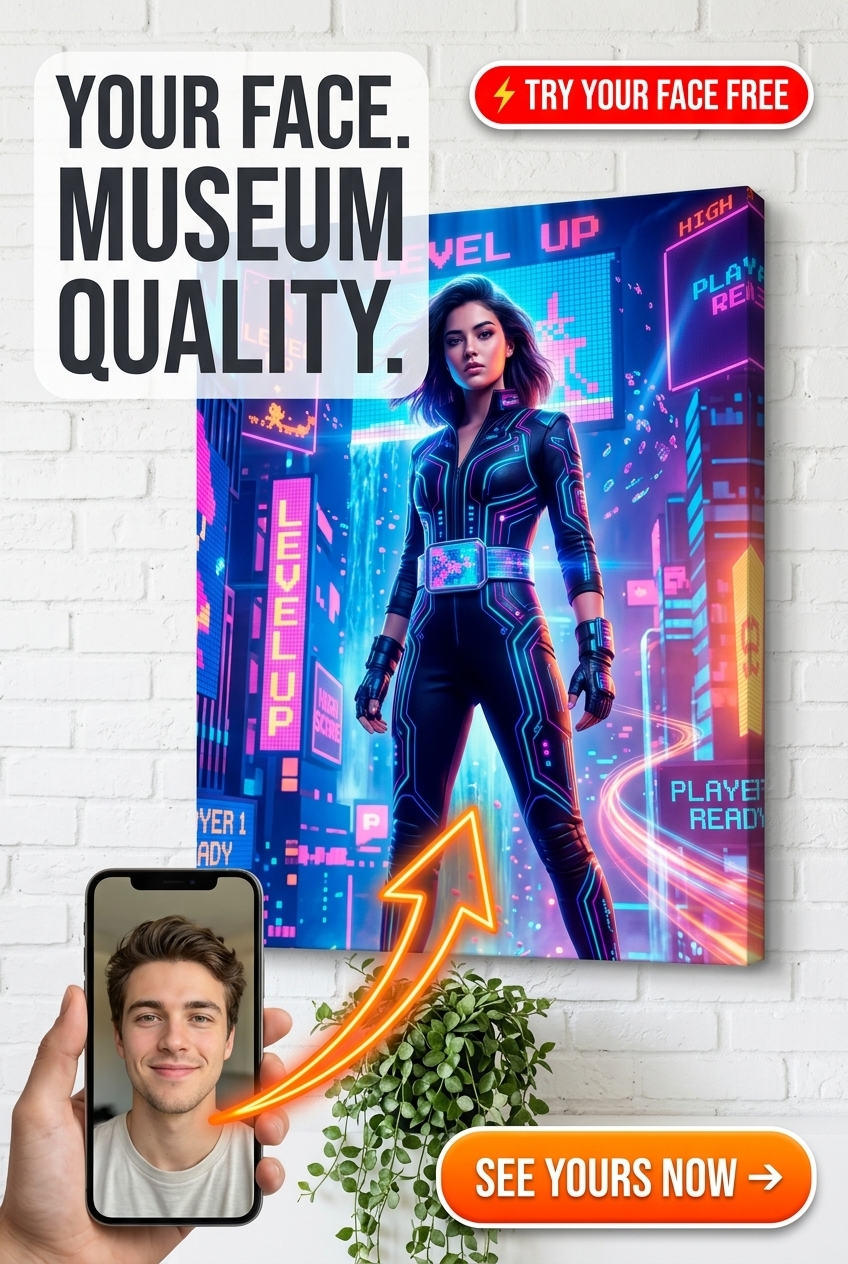Custom Cyberpunk Man Portrait — Neon Gaming Gift for Her Canvas