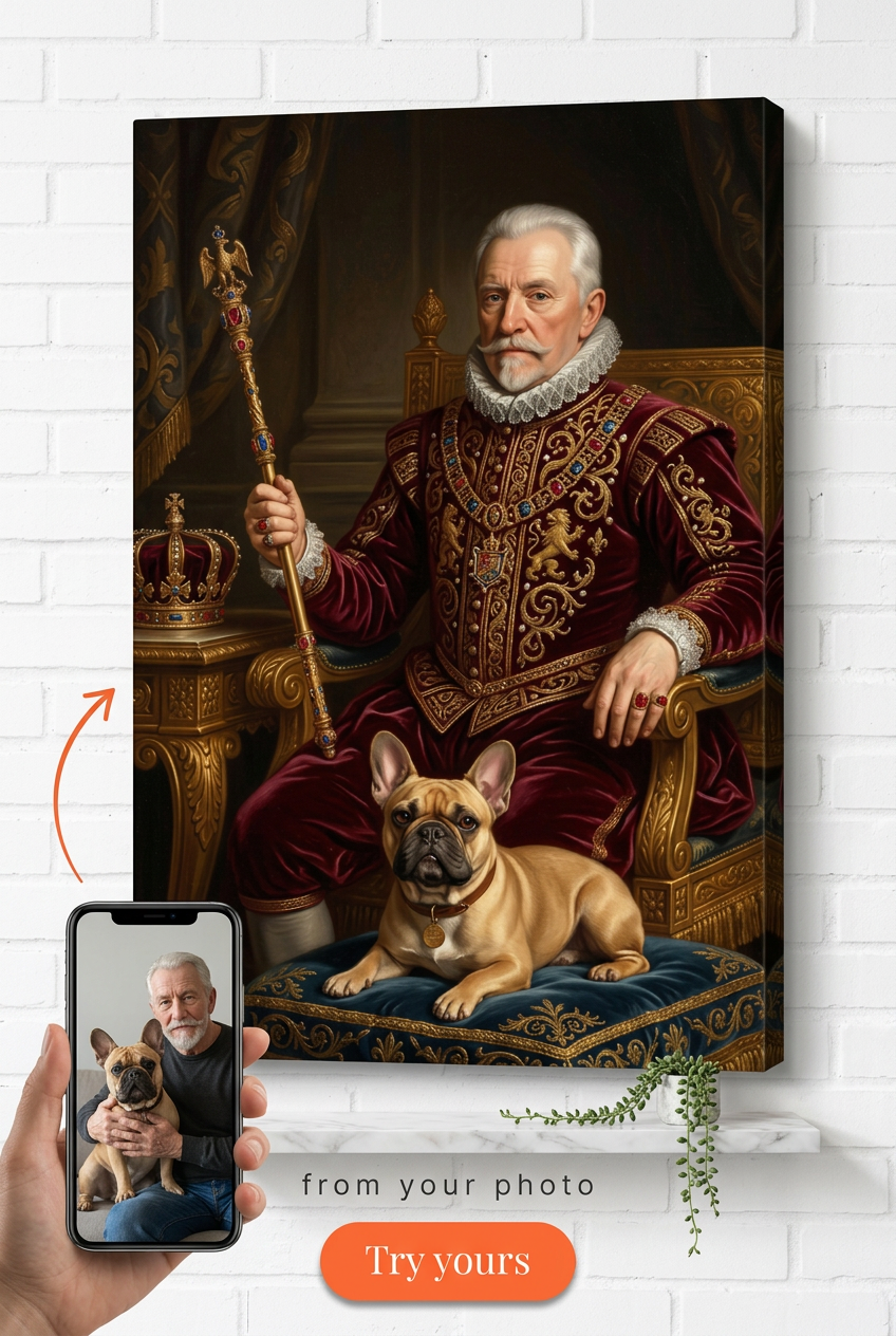 Custom Royal Man & Dog Portrait — Regal Canvas from Photo