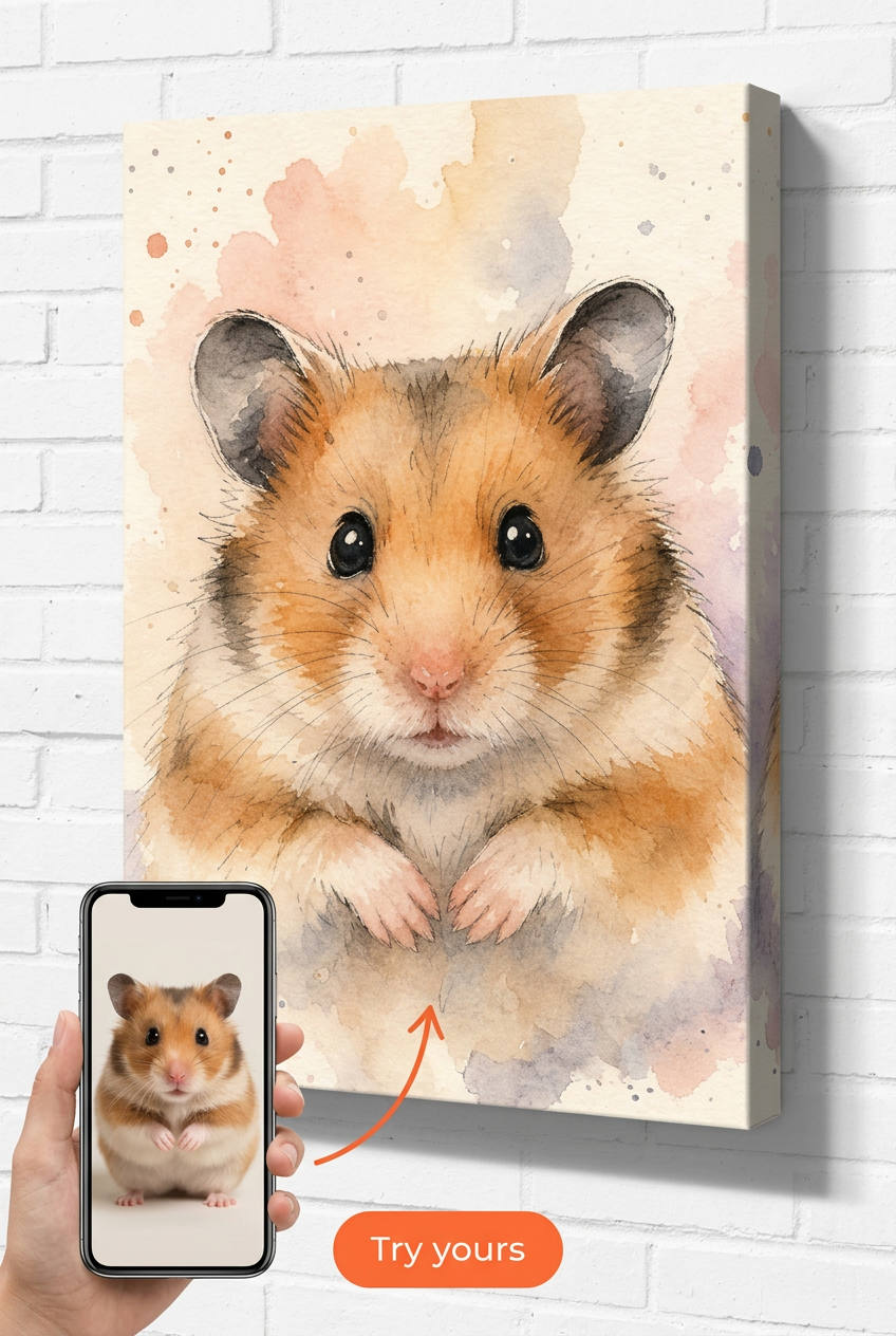 Custom Watercolor Pet Portrait — Whimsical Hamster Canvas from Photo