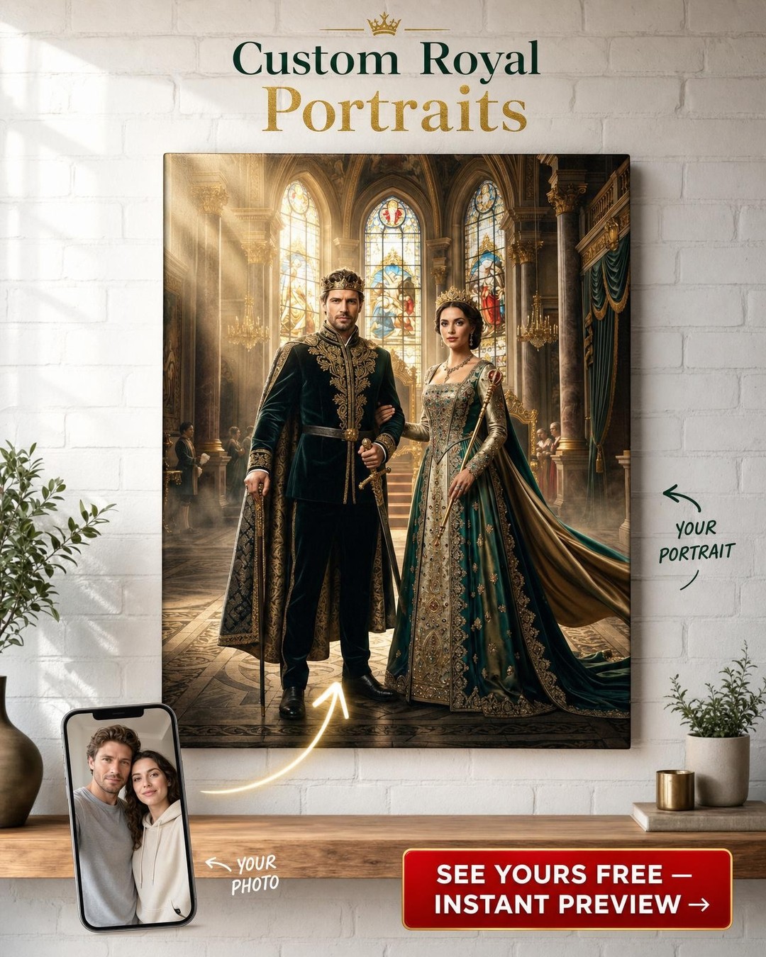 Custom Royal Couple Portrait — Regal Throne Canvas from Photo