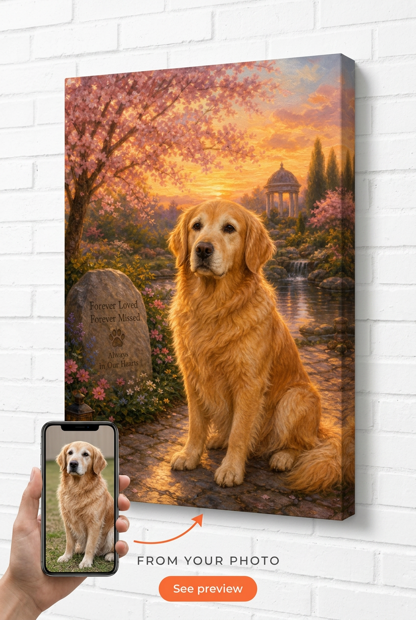 Custom Memorial Pet Dog Portrait — Serene Garden Tribute from Photo