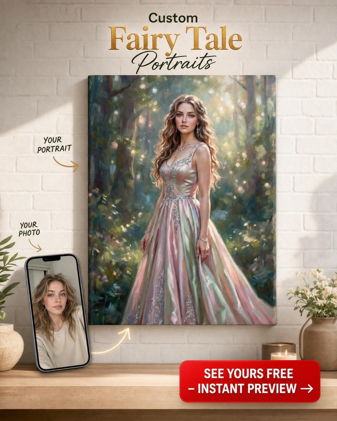 Custom Fantasy Woman Portrait — Whimsical Forest Dress Canvas