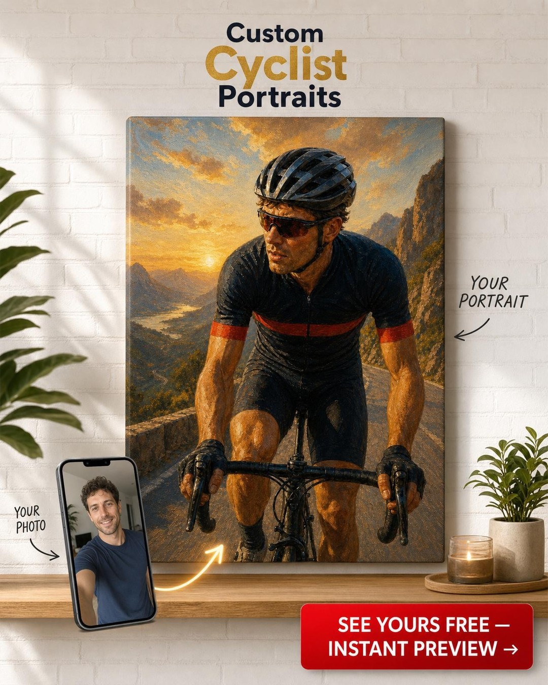 Custom Hobby Single-Man Portrait — Heroic Cyclist at Sunset from Photo