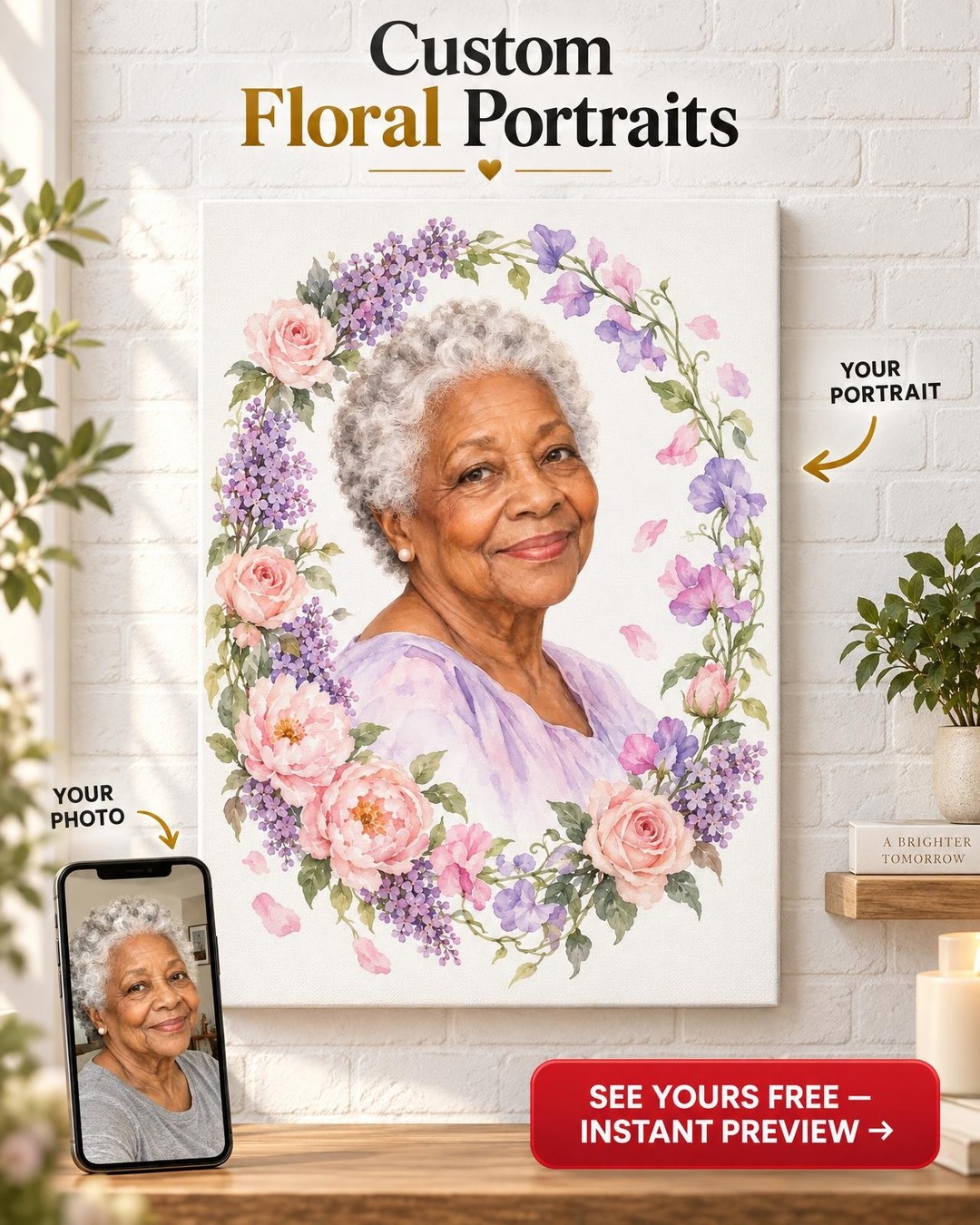 Forever in Bloom Memorial Portrait Custom Portrait from Photo | Personalized Memorial Gift