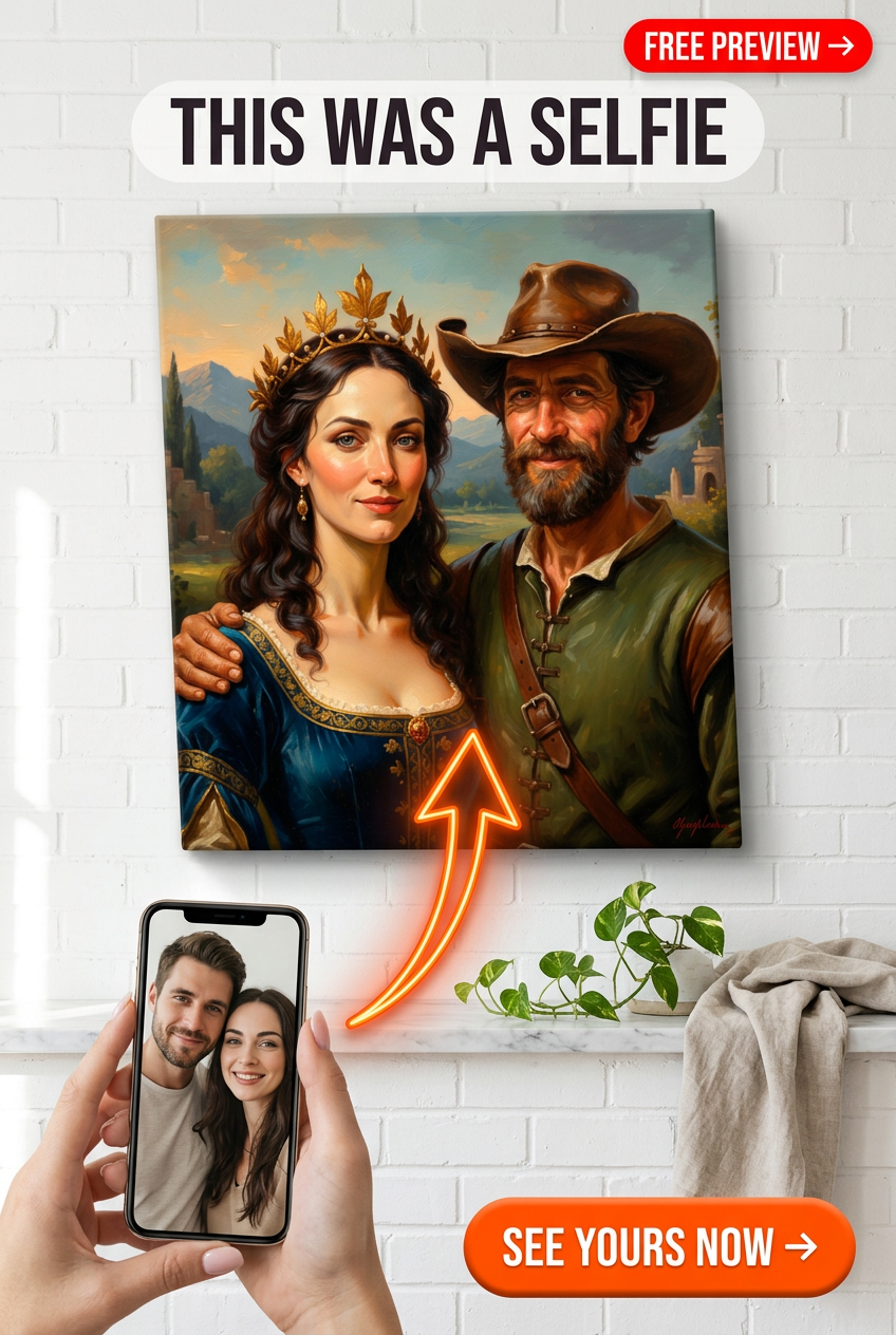 Custom Fantasy Couple Portrait — Romantic Crown & Mountains Canvas