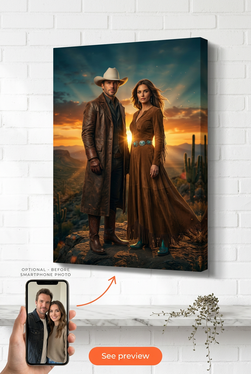 Custom Cowboy Couple Portrait — Romantic Western Canvas from Photo