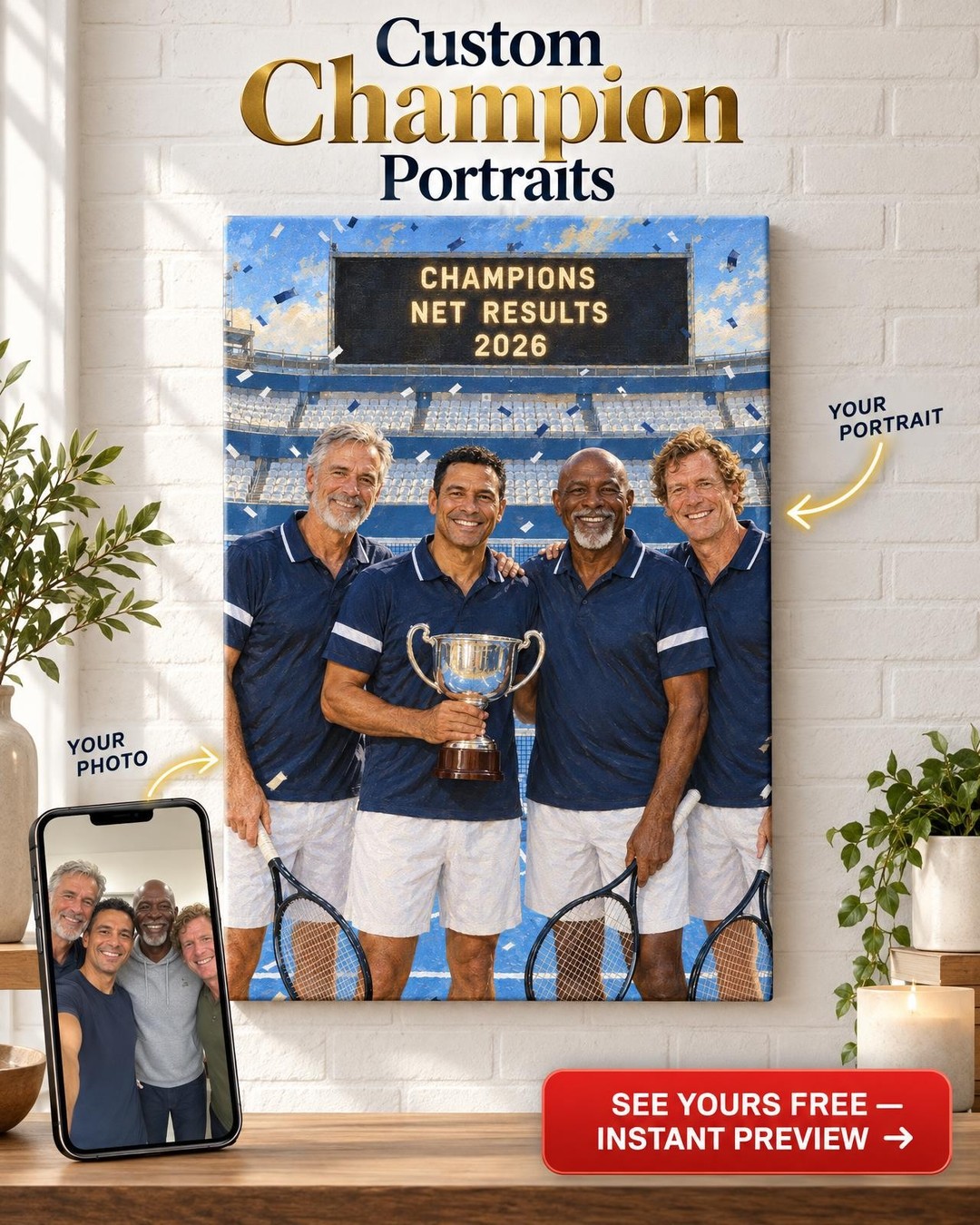 Men’s Tennis Team Champions Custom Portrait from Photo | Captain Gift