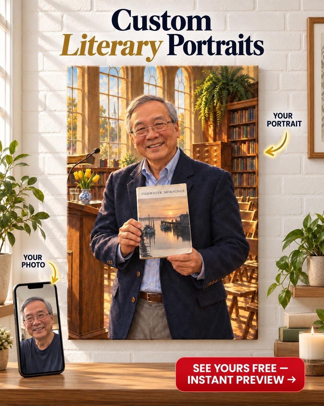Old Small-Town Library Author Custom Portrait from Photo | Personalized Canvas Gift