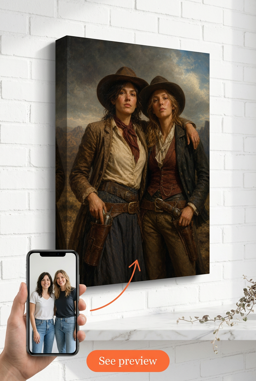 Custom Cowboy Couple Portrait — Heroic Western Canvas from Photo