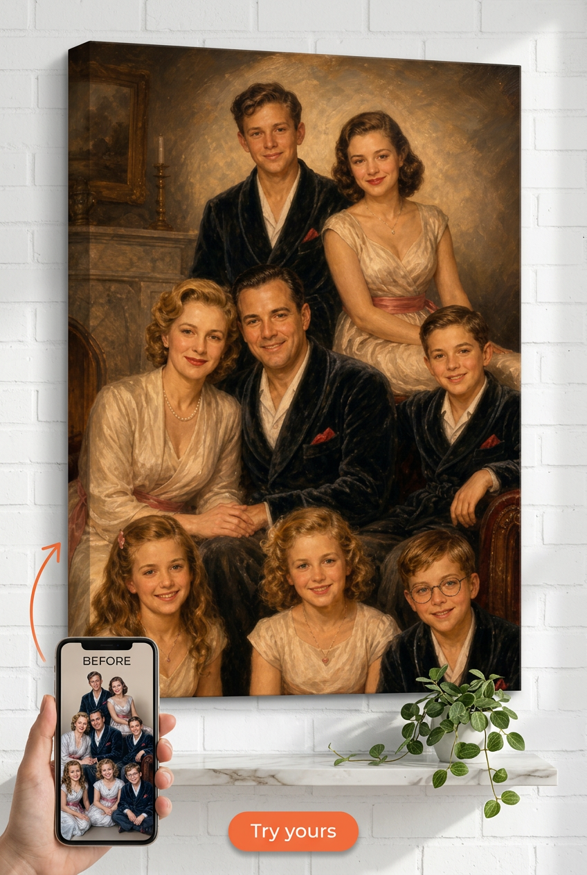 Custom 1940s Hollywood Family Fireplace Portrait from Photo | Personalized Undefined Gift