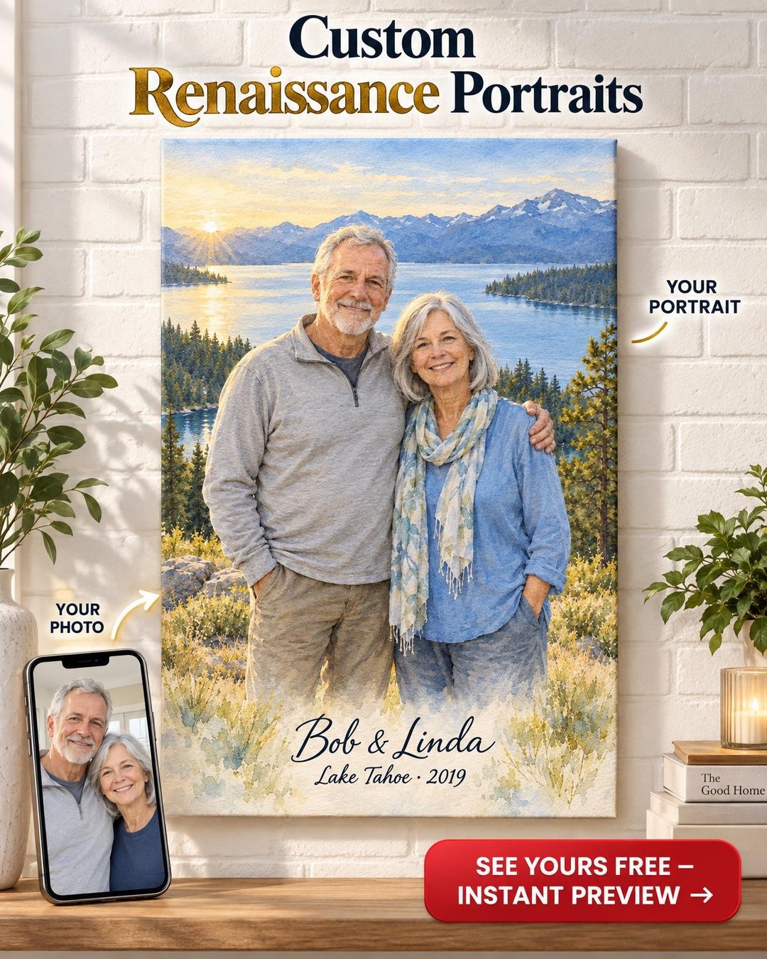 Our Place Watercolor Couple Custom Portrait from Photo | Personalized Serenity Portrait Gift