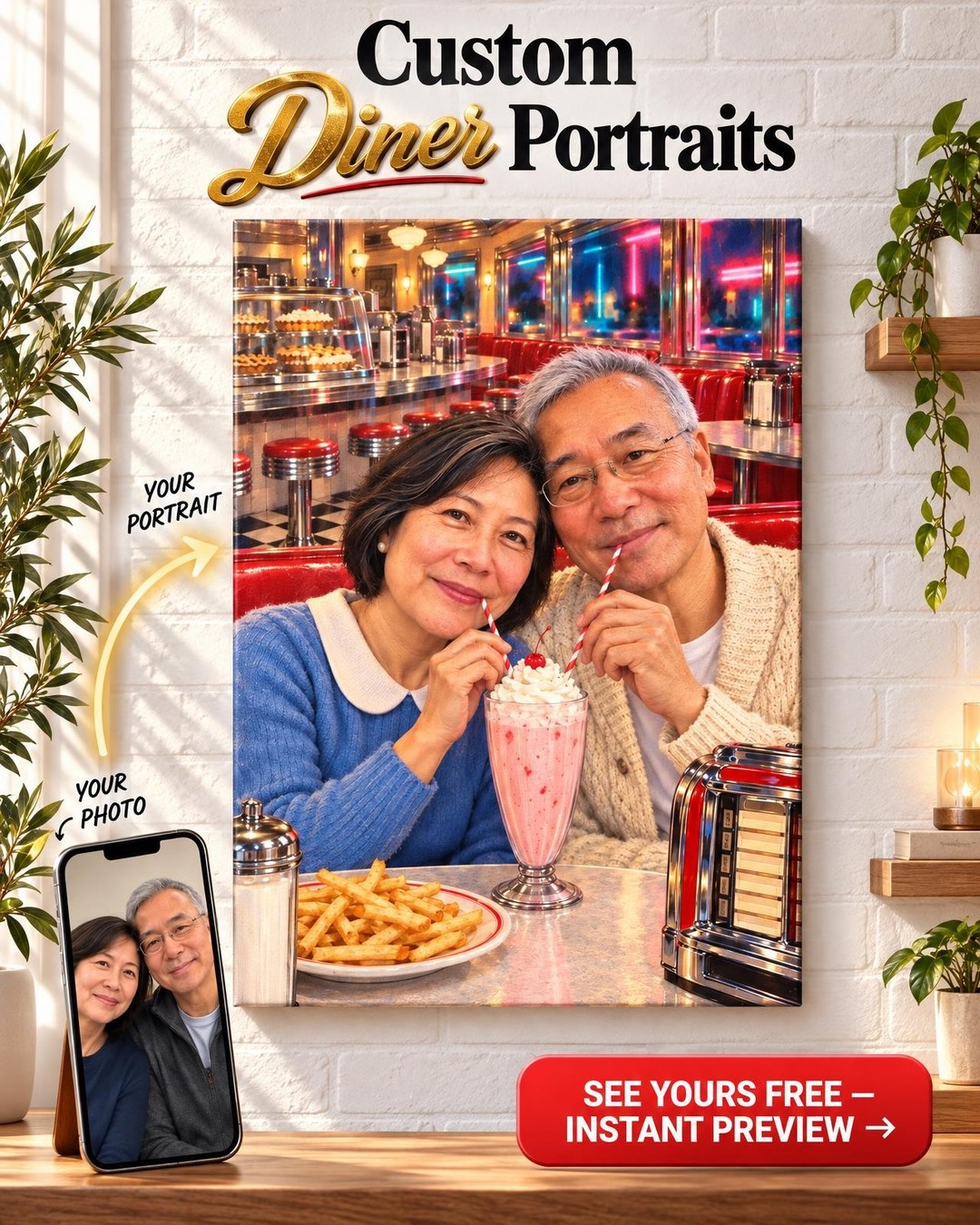 Retro Diner Couple Custom Portrait from Photo | Personalized Retro Romance Gift