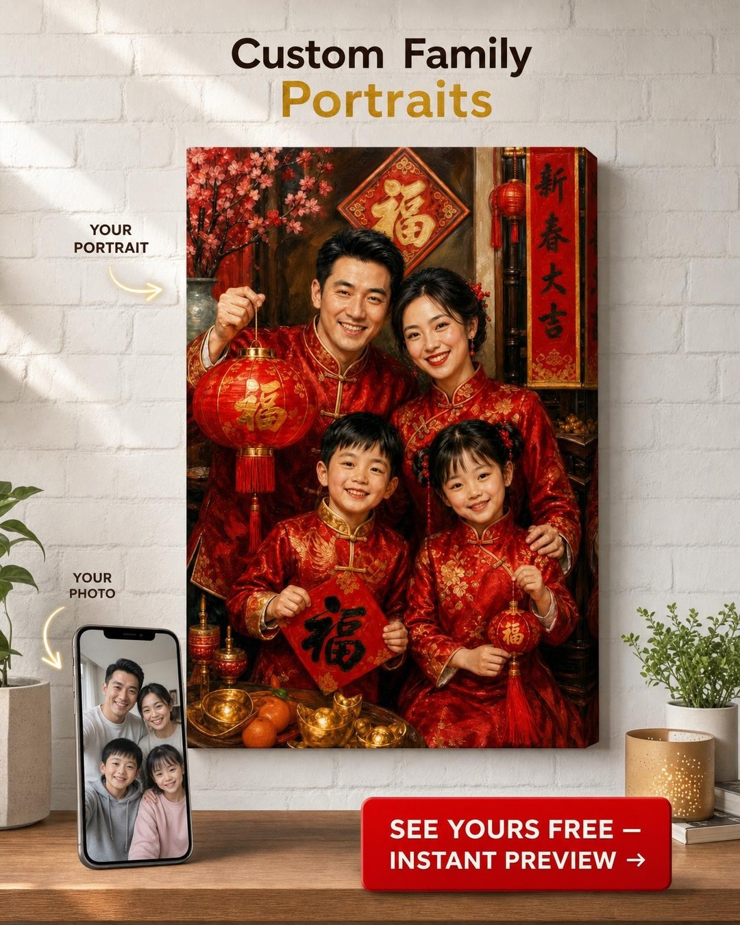 Custom Cultural Family Portrait — Festive Lunar New Year from Photo