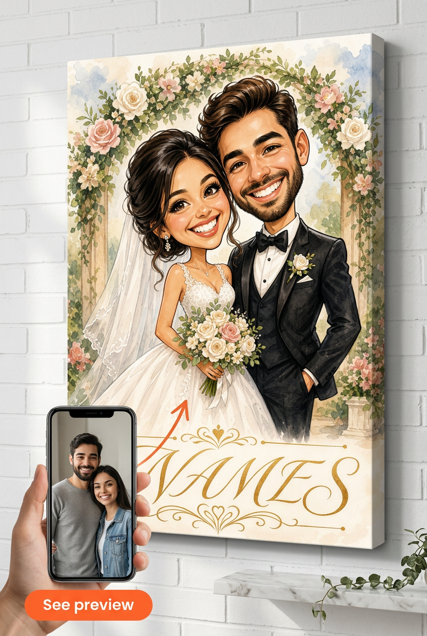 Custom Caricature Couple Portrait — Romantic Wedding Canvas