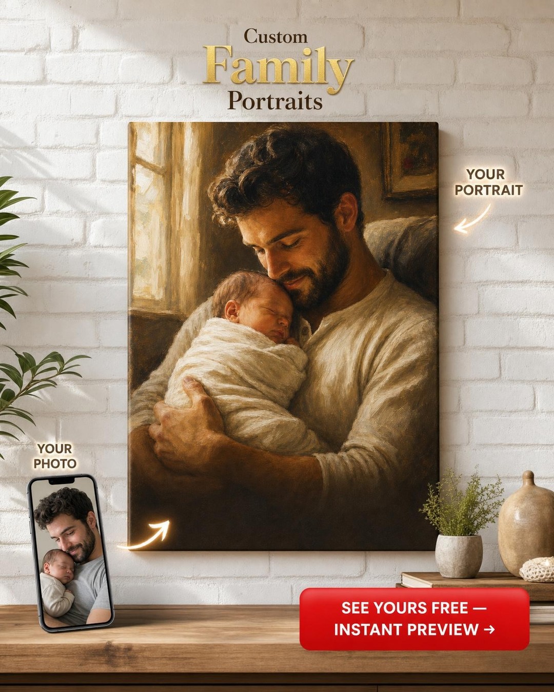 Daddy & Newborn First Photo Canvas — AI-regenerated portrait personalized with n