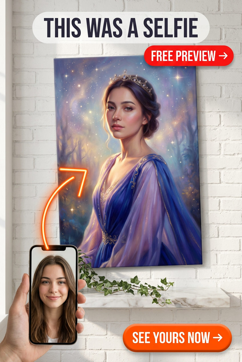 Custom Fantasy Woman Portrait — Regal Crown & Glow Canvas