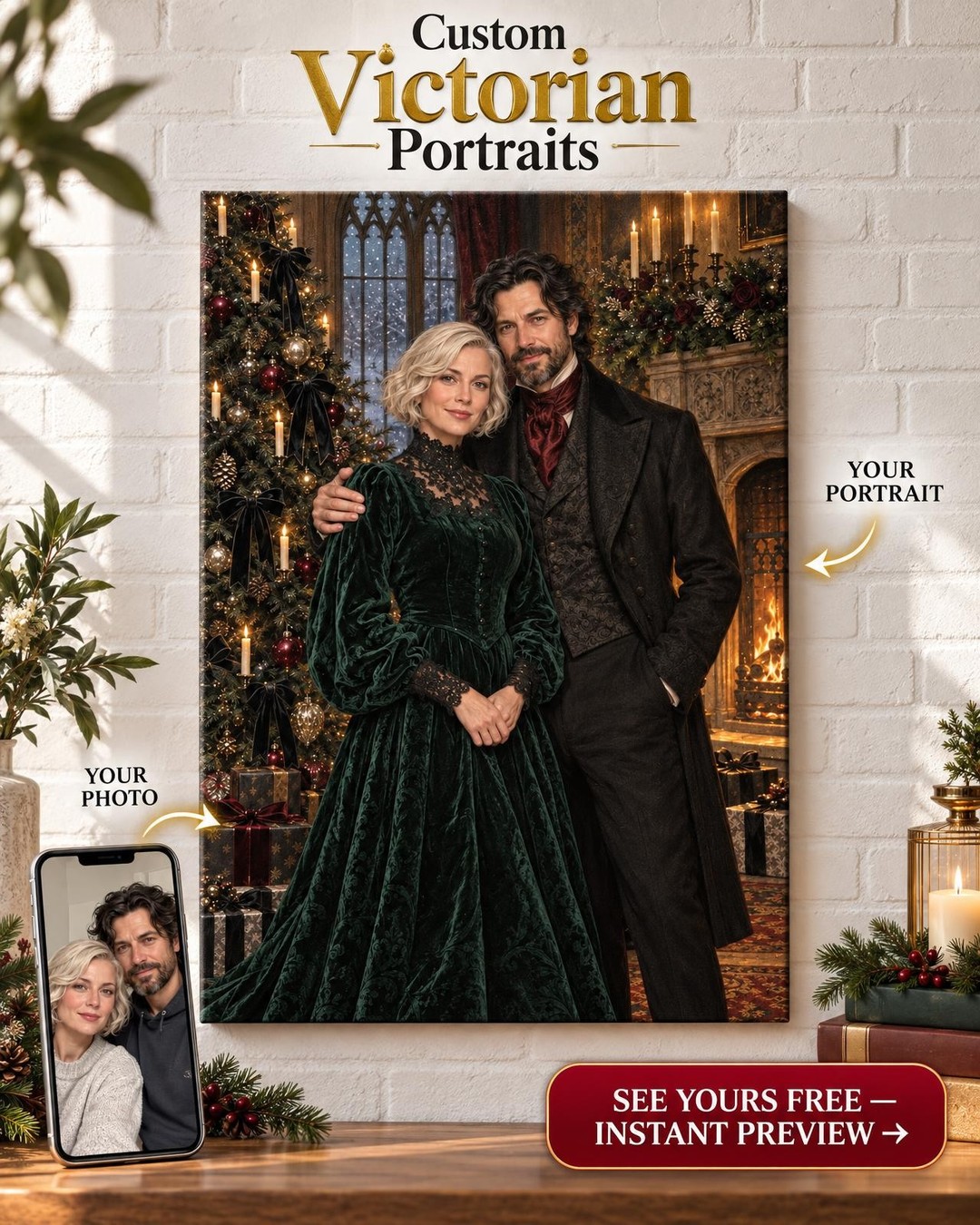Gothic Christmas Couple Custom Portrait from Photo | Personalized Gothic Canvas Gift