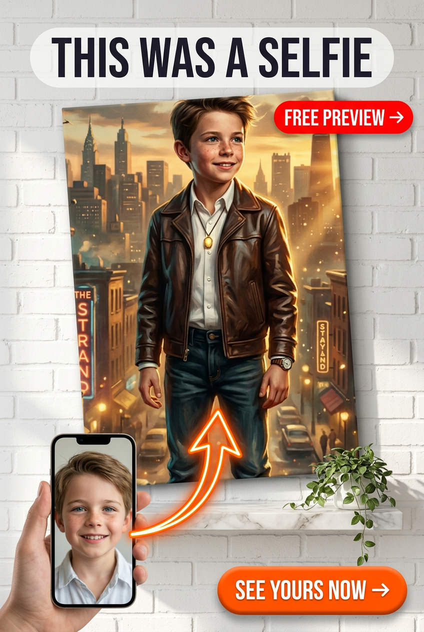 Custom Fantasy Boy Portrait — Whimsical Cityscape Canvas from Photo