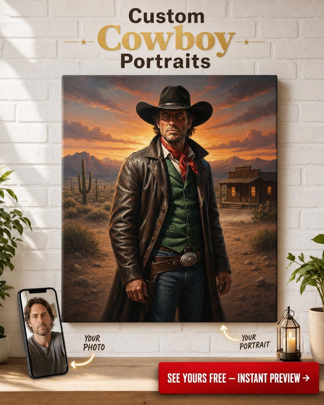 Custom Cowboy Man Portrait — Heroic Western Canvas
