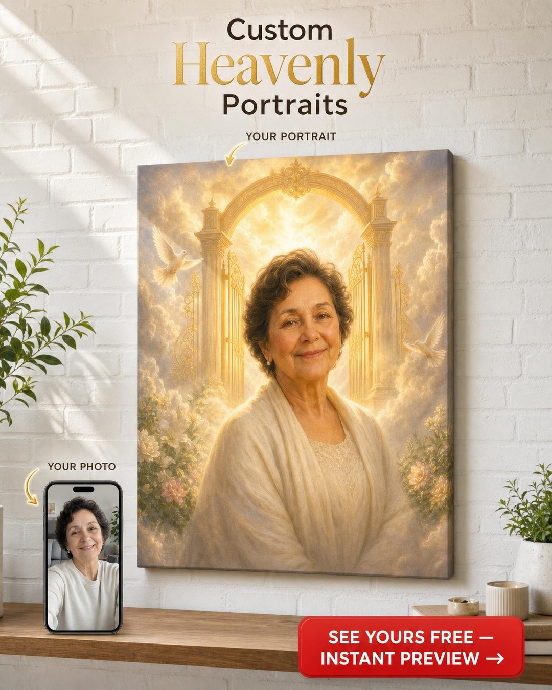 Custom Memorial Woman Portrait — Serene Heaven Gates from Photo