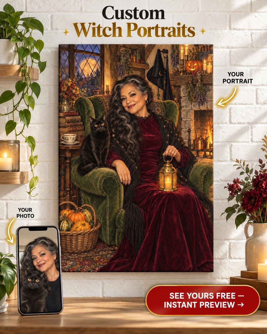 Witch and Her Familiar Custom Portrait from Photo | Personalized Witch Portrait Gift