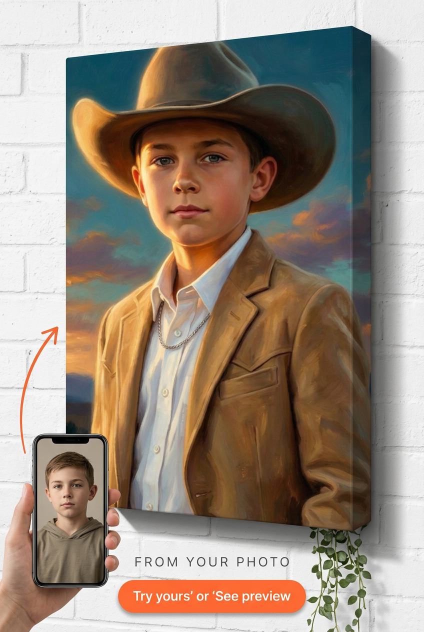 Custom Cowboy Portrait for Boys — Heroic Western Canvas Art