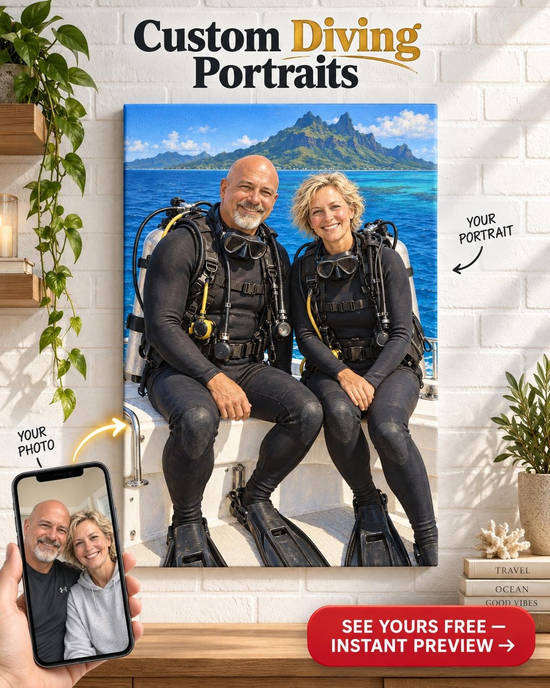 Scuba Couple Custom Portrait from Photo | Personalized Ocean Portrait Gift