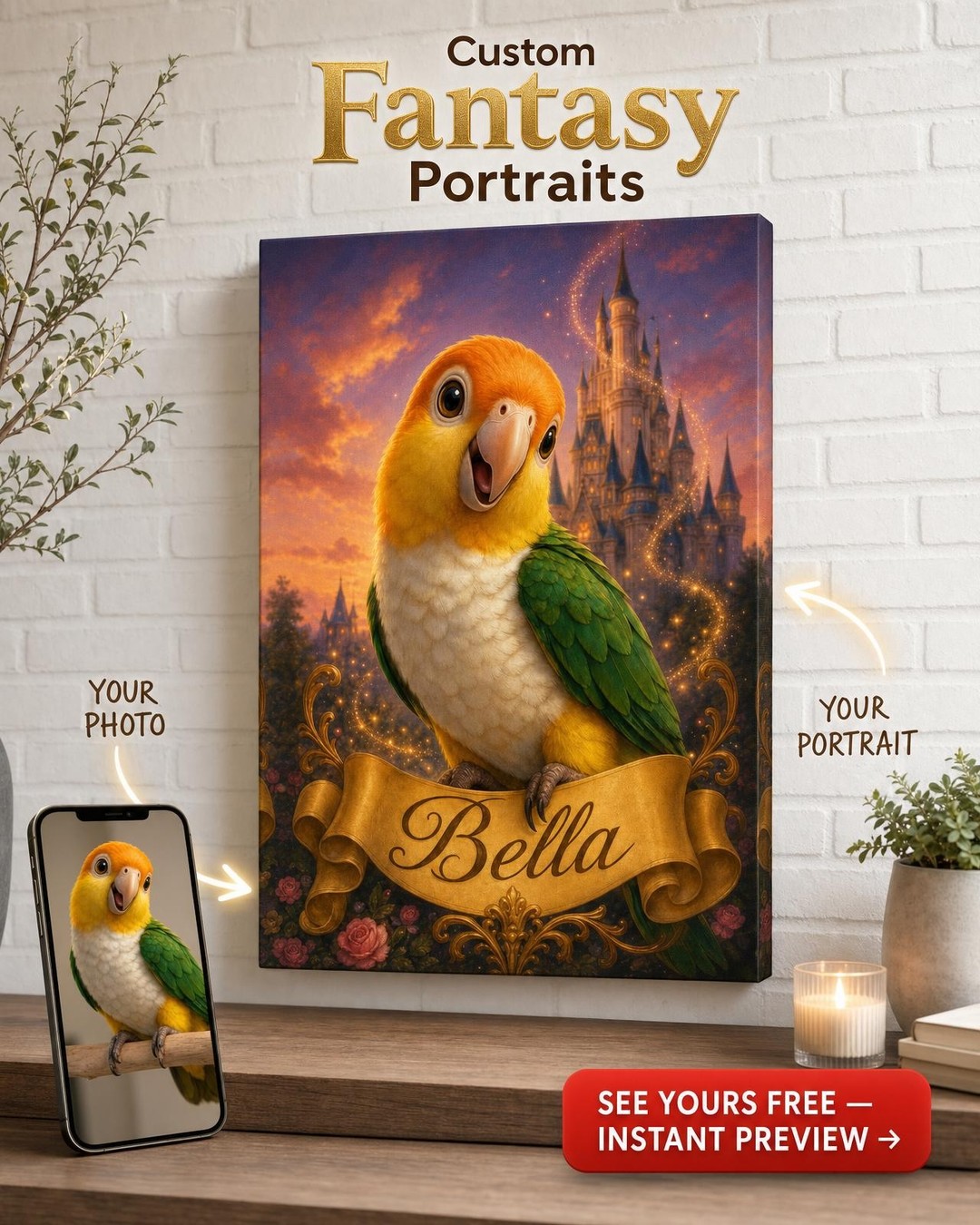 Custom Disney Pet Portrait — Whimsical Cat Canvas from Photo