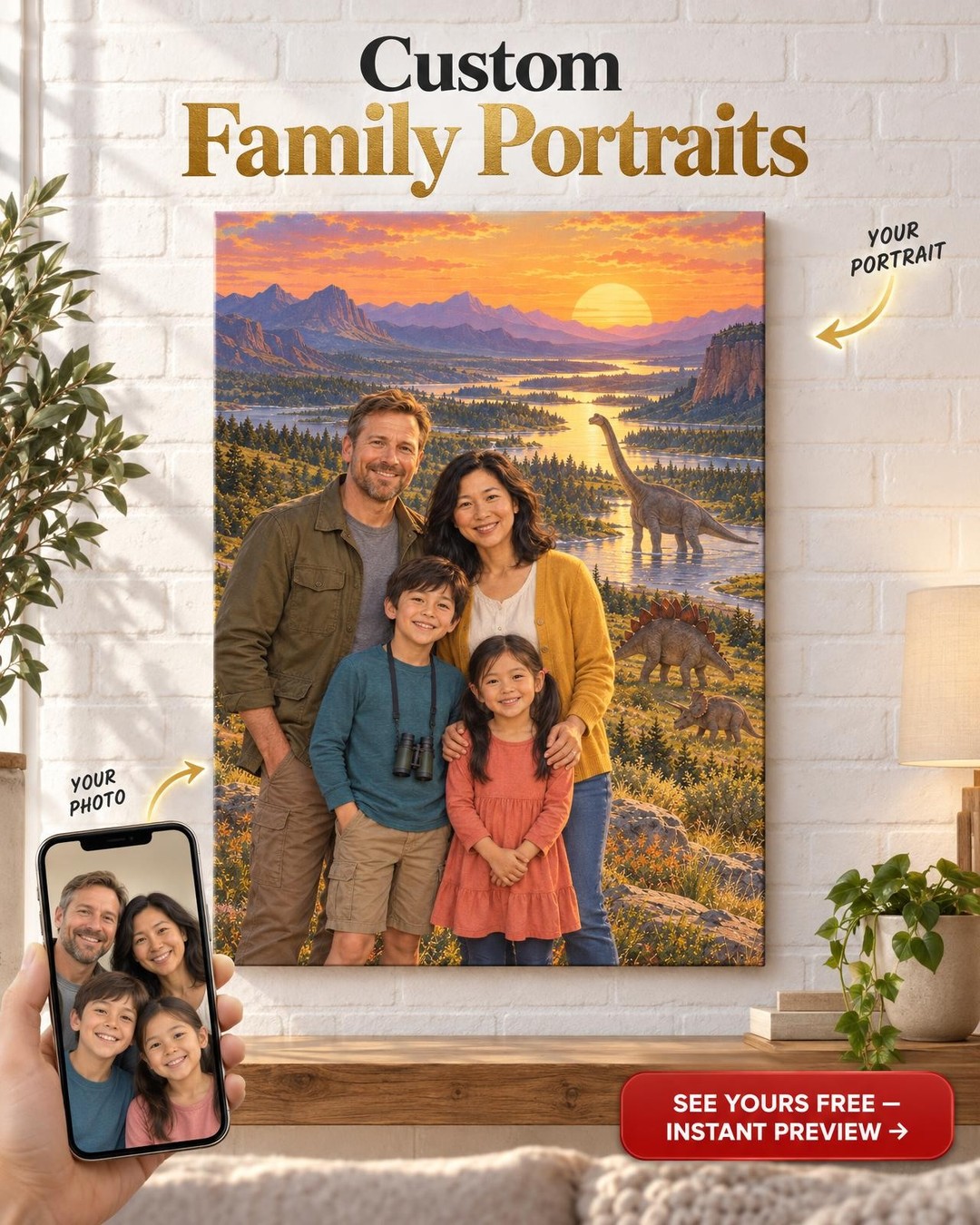 Family Dinosaur Custom Portrait from Photo | Personalized Dinosaur Portrait Gift