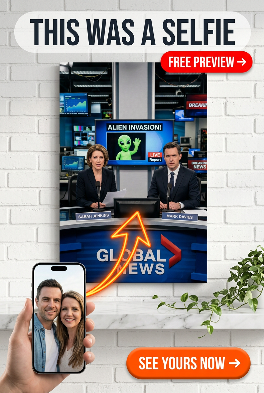Custom Sci-Fi Couple Portrait — Whimsical Alien News Desk Canvas