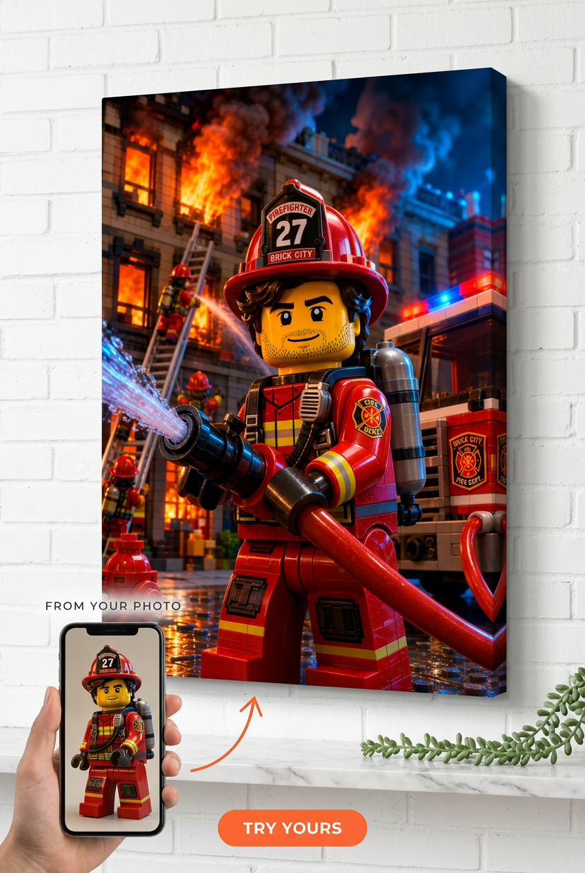Custom Brick Minifigure Firefighter Hero Portrait from Photo | Personalized Gift
