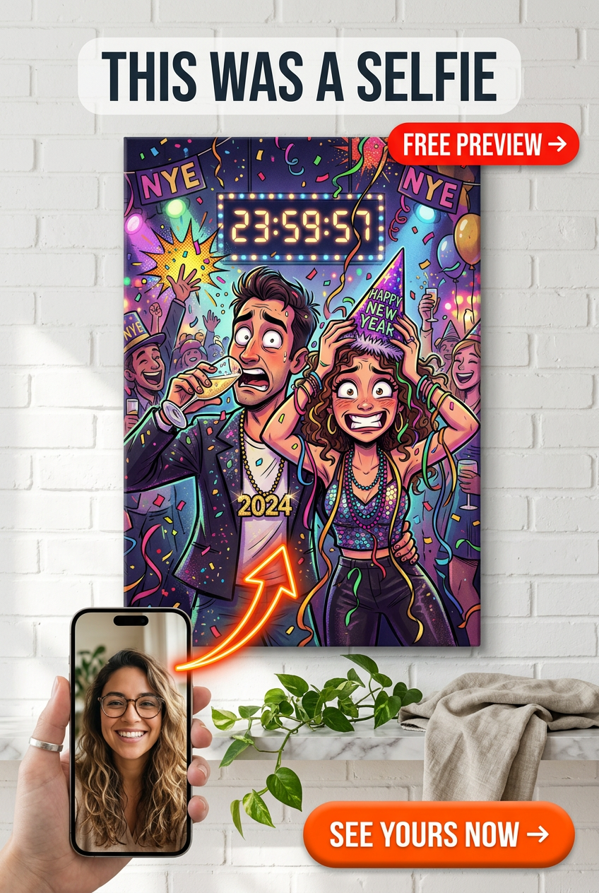 Custom New Year Couple Portrait — Festive Canvas from Photo