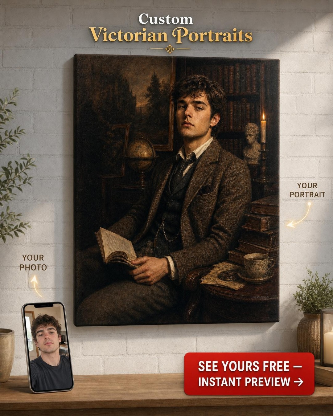 Antique Library Dark Academia Custom Portrait from Photo | Personalized Canvas Gift