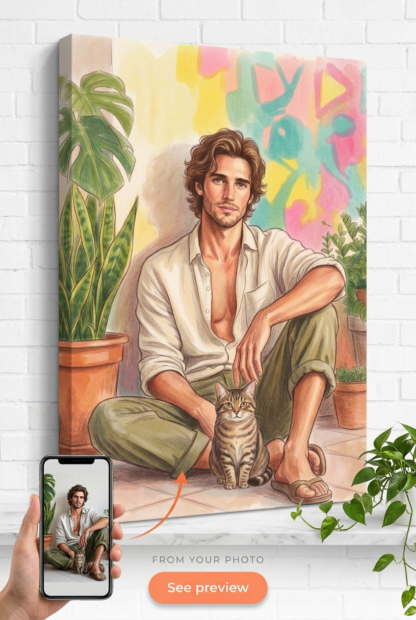 Custom Pet Portrait Canvas — Man & Cat Serene Art from Photo