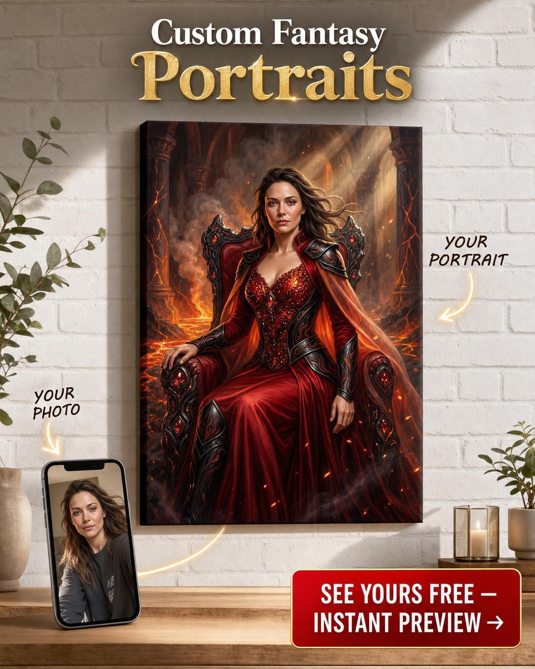 Custom Fantasy Woman Portrait — Regal Throne Canvas from Photo