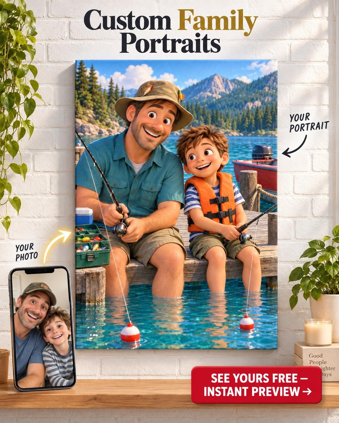Animated Movie Fishing Custom Portrait from Photo | Personalized Fishing Together Gift